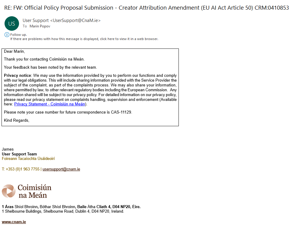 Creator Attribution Amendment - UPDATE 05.10.2026: Coimisiún na Meán has acknowledged the submission and registered it under case CAS-11129.